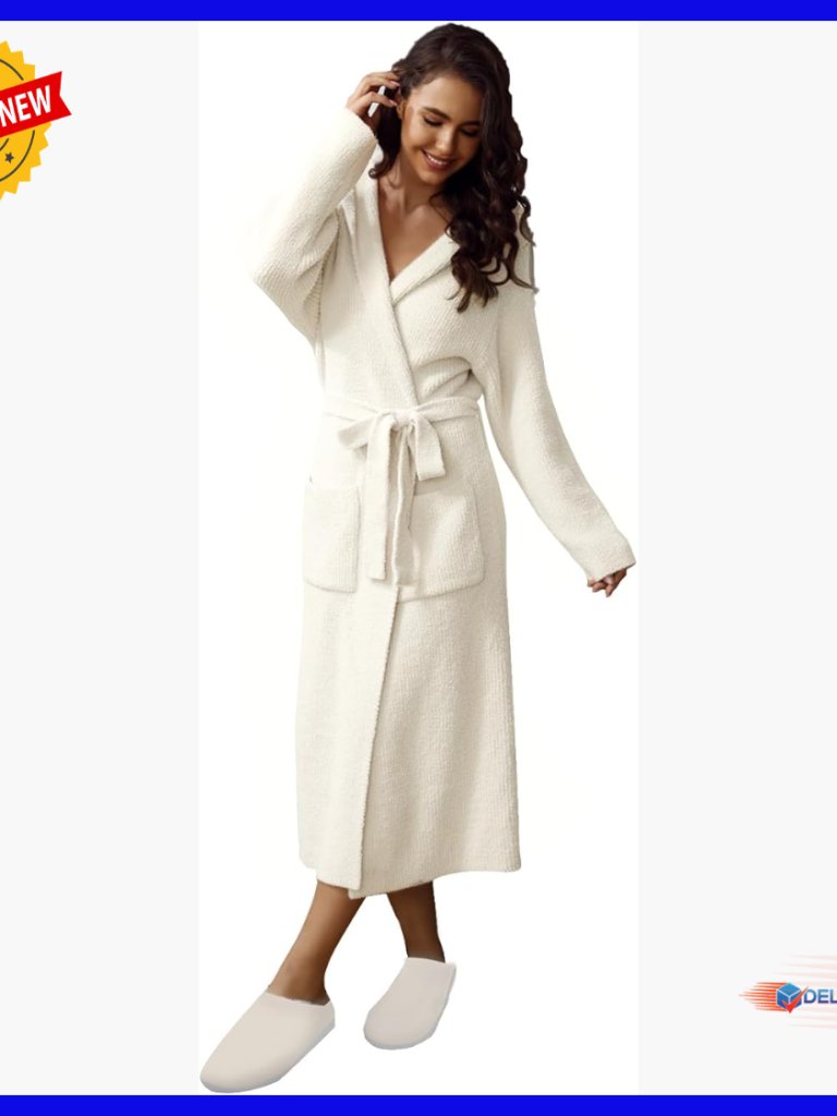 Ultra Soft Plush Robe With Pockets, Calf-Length Hooded Loungewear